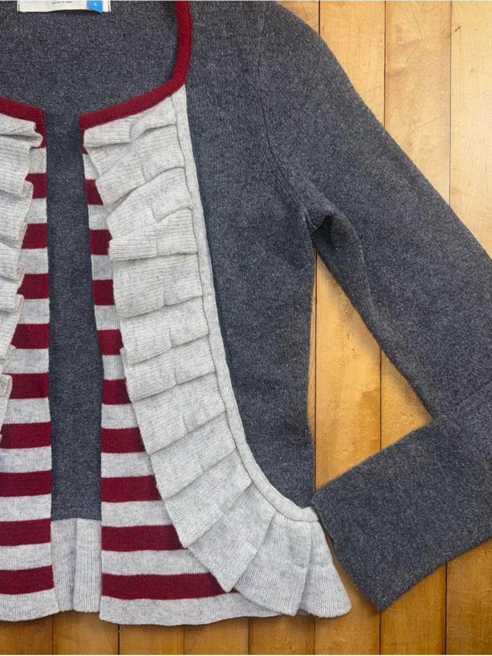 Sparrow Women’s Small Wool Blend Ruffle Open Cardigan Gray Red Striped Cashmere - Picture 3 of 8